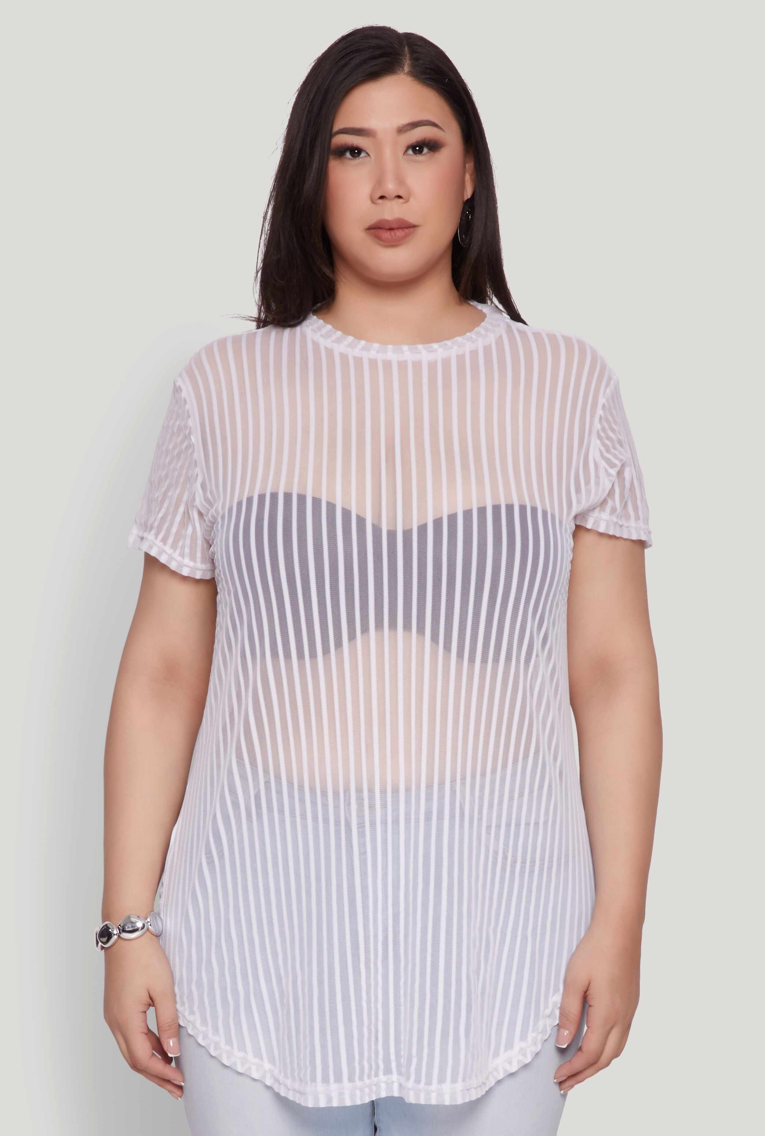 Plus Size Shadow Stripe Mesh Top