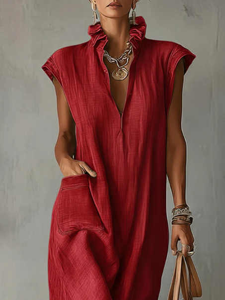 🔥Summer Arrivals🌟Women’s Ruffle Collar Cotton Linen Midi Dress – Elegant Summer Dress