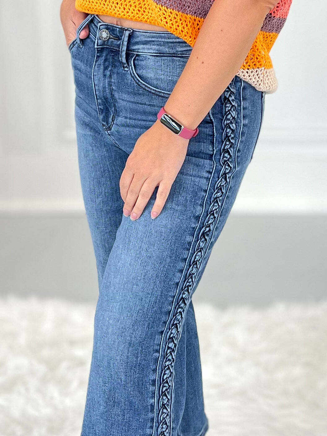 Boho Blues - Christmas Braided Sideseam Cropped Wide Leg Jeans- Final Sale
