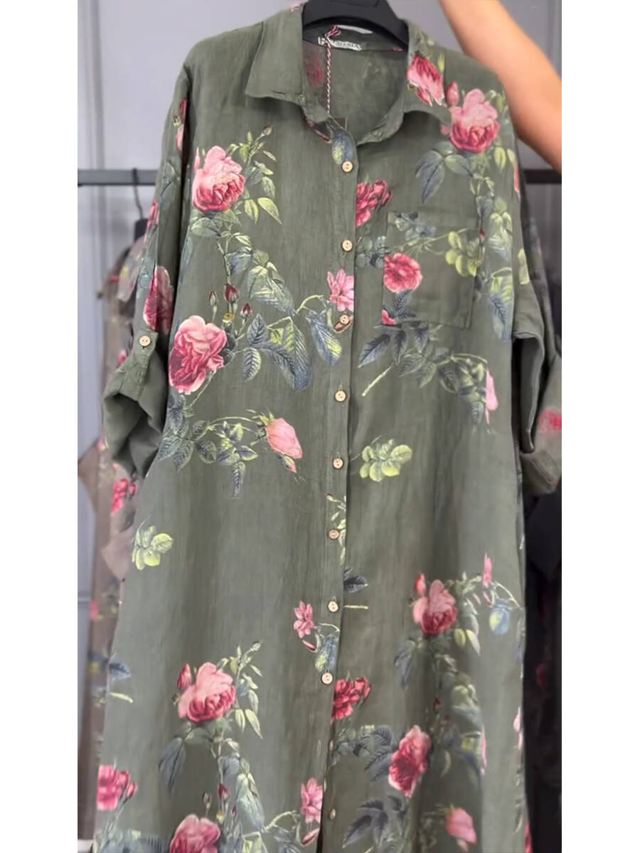 🔥Summer Arrivals🌟Women's Floral Print Cotton and Linen Shirt Dress