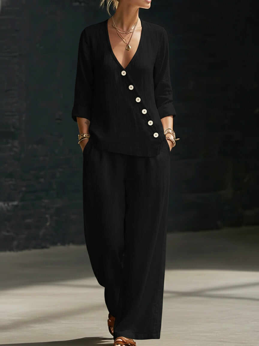 🔥Summer Arrivals🌟Minimalist V-neck Shirt And Wide-leg Pants Two-piece Set