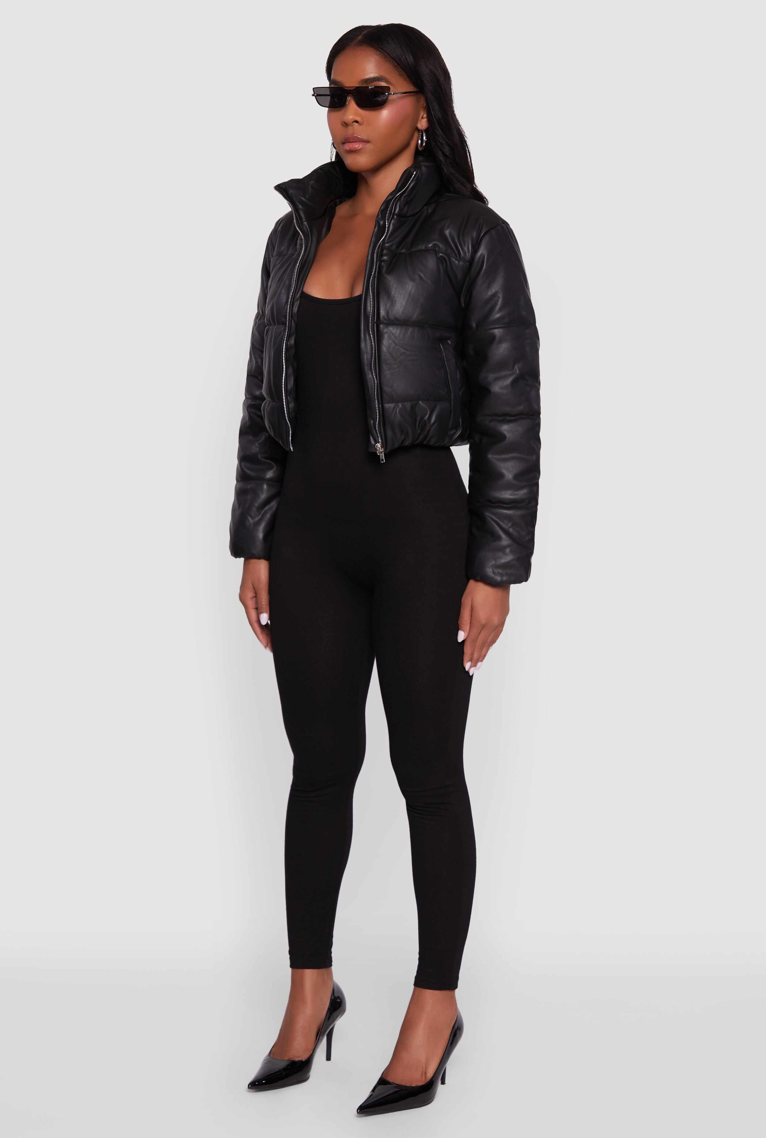 Cropped Faux Leather Puffer Jacket