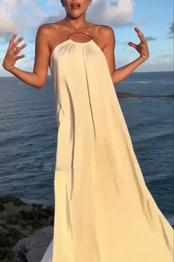 Ocean Goddess Metal Circular Chain Halter Backless Vacation A-line Maxi Dress