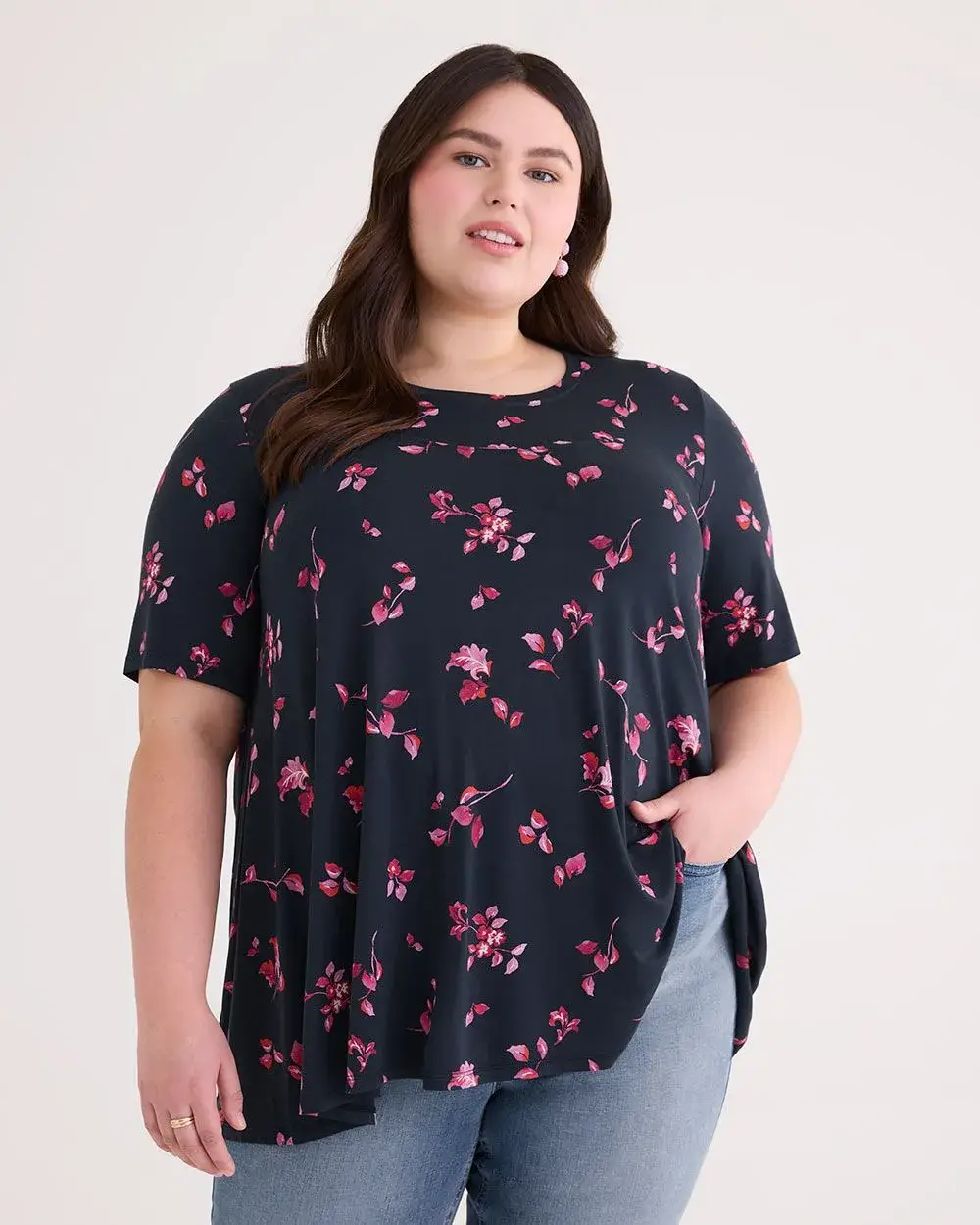 Printed Elbow-Sleeve Sweetheart Swing Top