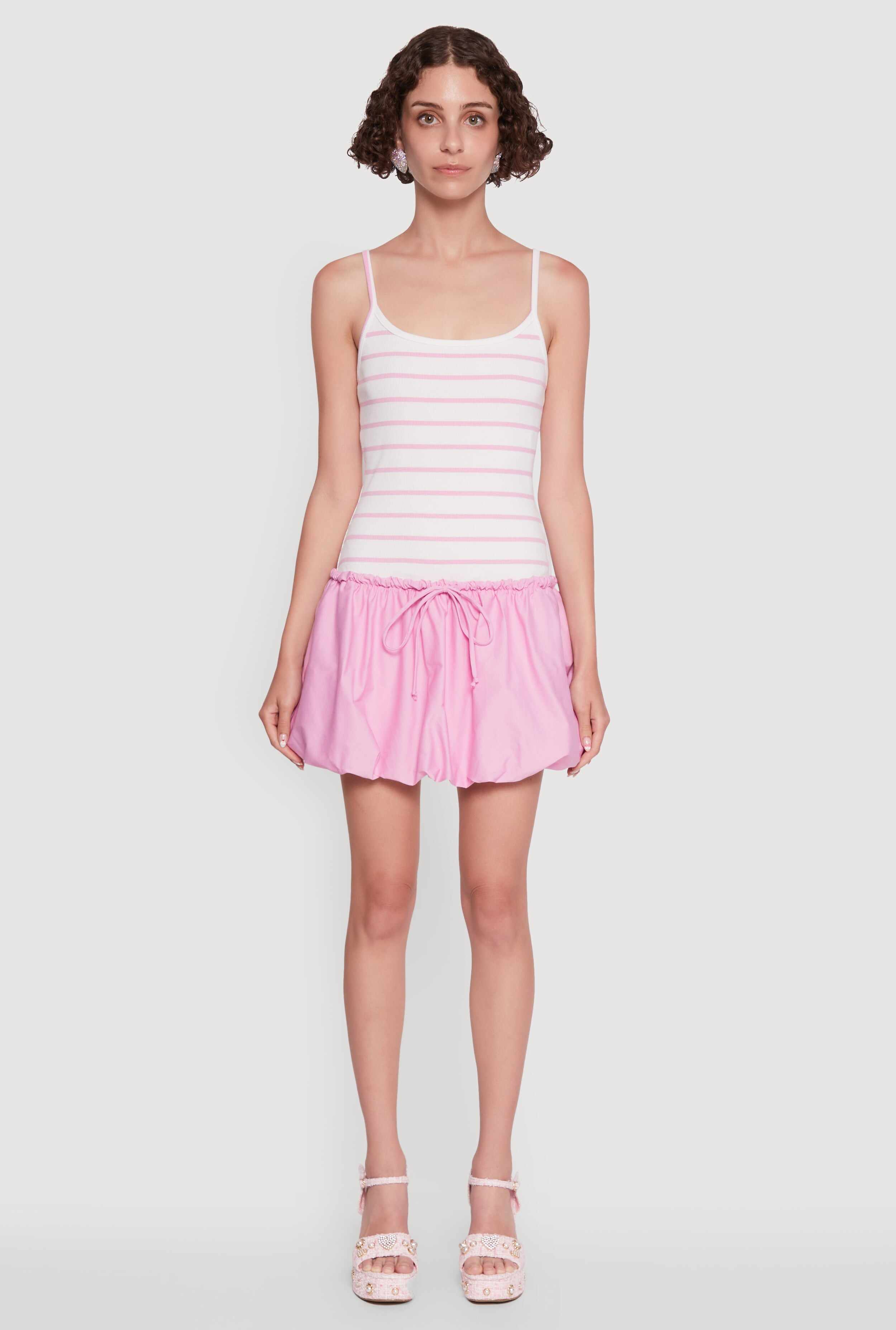 Ribbed Knit Striped Bubble Hem Mini Dress
