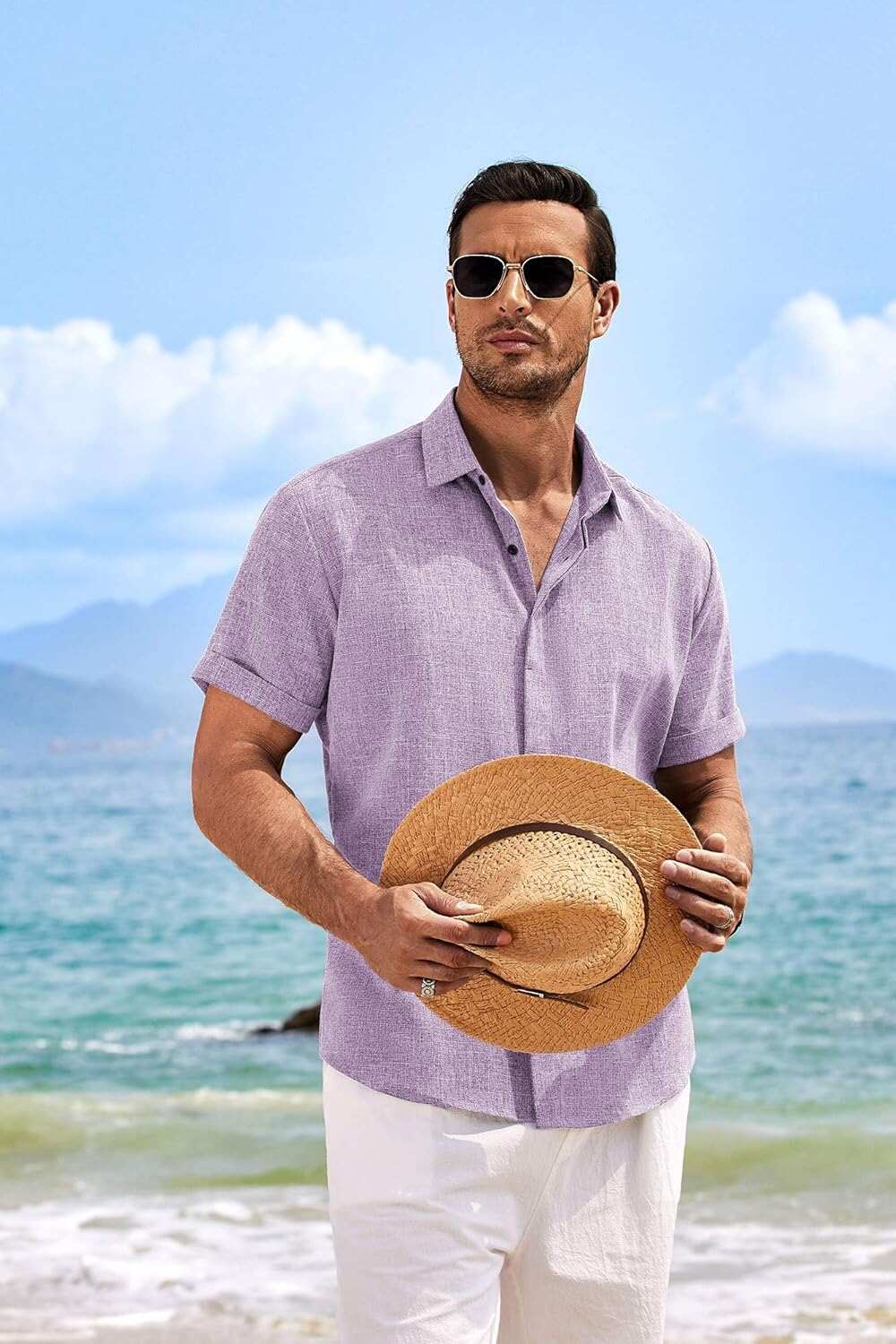 Men's Linen Shirts Short Sleeve Casual Shirts Button Down Shirt for Men Beach Summer Wedding Shirt