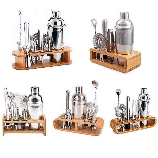 Insulated Cocktail Shaker Bartender Kit Cocktail Shaker Mixer Stainless Steel 350ml Bar Tool Set with Stylish Bamboo Stand Perfect Home Bartending Kit and Martini Cocktail Shaker Set