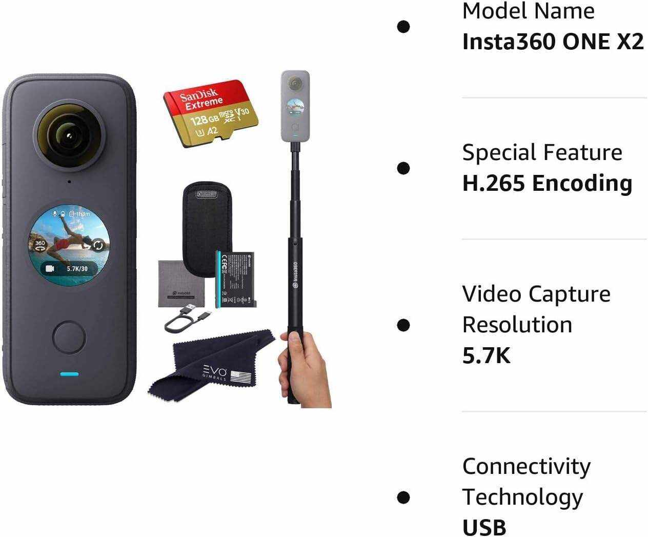 Insta360 ONE X2 360 Camera with Touchscreen - 5.7K30 360 Video, Front Steady Cam Mode, 18MP 360 Photo + InstaPano | Bundle Includes Invisible Selfie Stick (120cm) & 128GB Memory Card (3 Items)