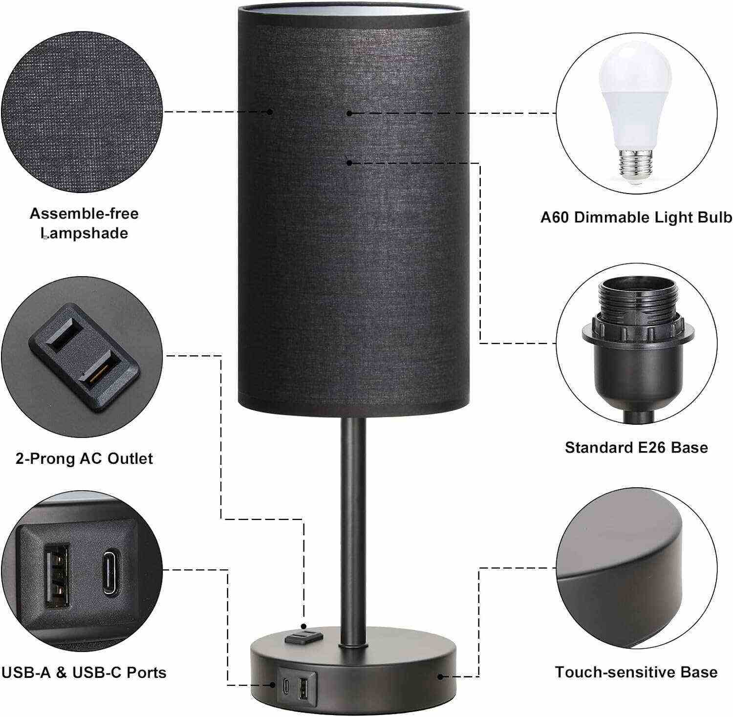 Bedside Table Lamp for Bedroom - 3 Way Dimmable Touch Lamp USB C Charging Ports and AC Outlet, Small Lamp Wood Base Round Flaxen Fabric Shade for Living Room, Desk, LED Bulb Included