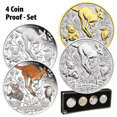 2024 Australia Perth Mint 125th Ann. Kangaroo 4 x 1 oz Silver Typeset Collection