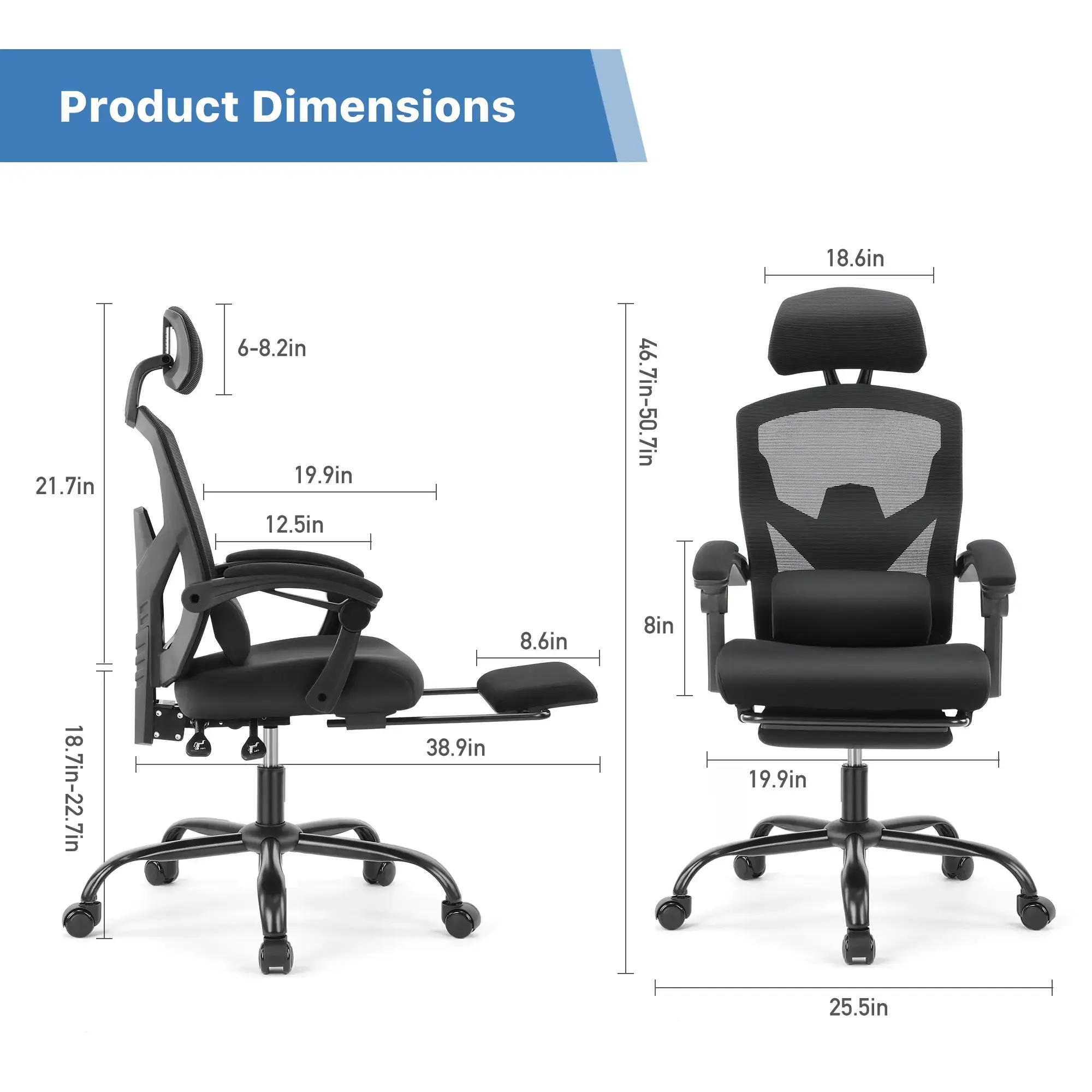 Height Adjustable High Back Ergonomic Office Chair with Lumbar Pillow & Retractable Footrest,  Padded Armrests and Adjustable Headrest