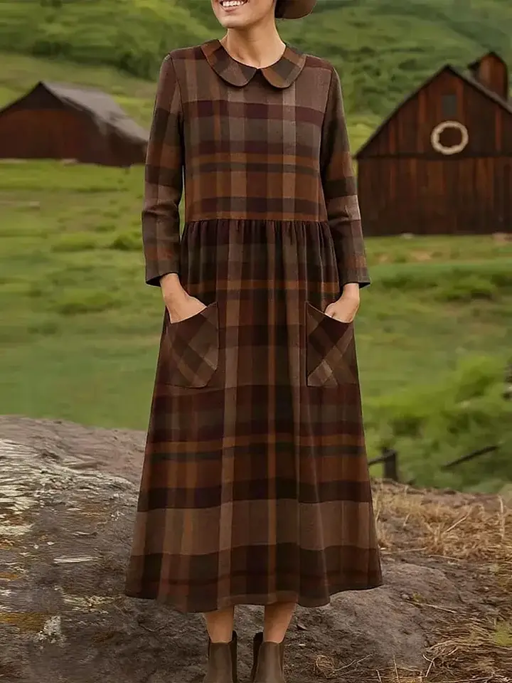 🔥Summer Arrivals🌟Women's Plaid Print Peter Pan Collar Long Sleeve Casual Loose Dress