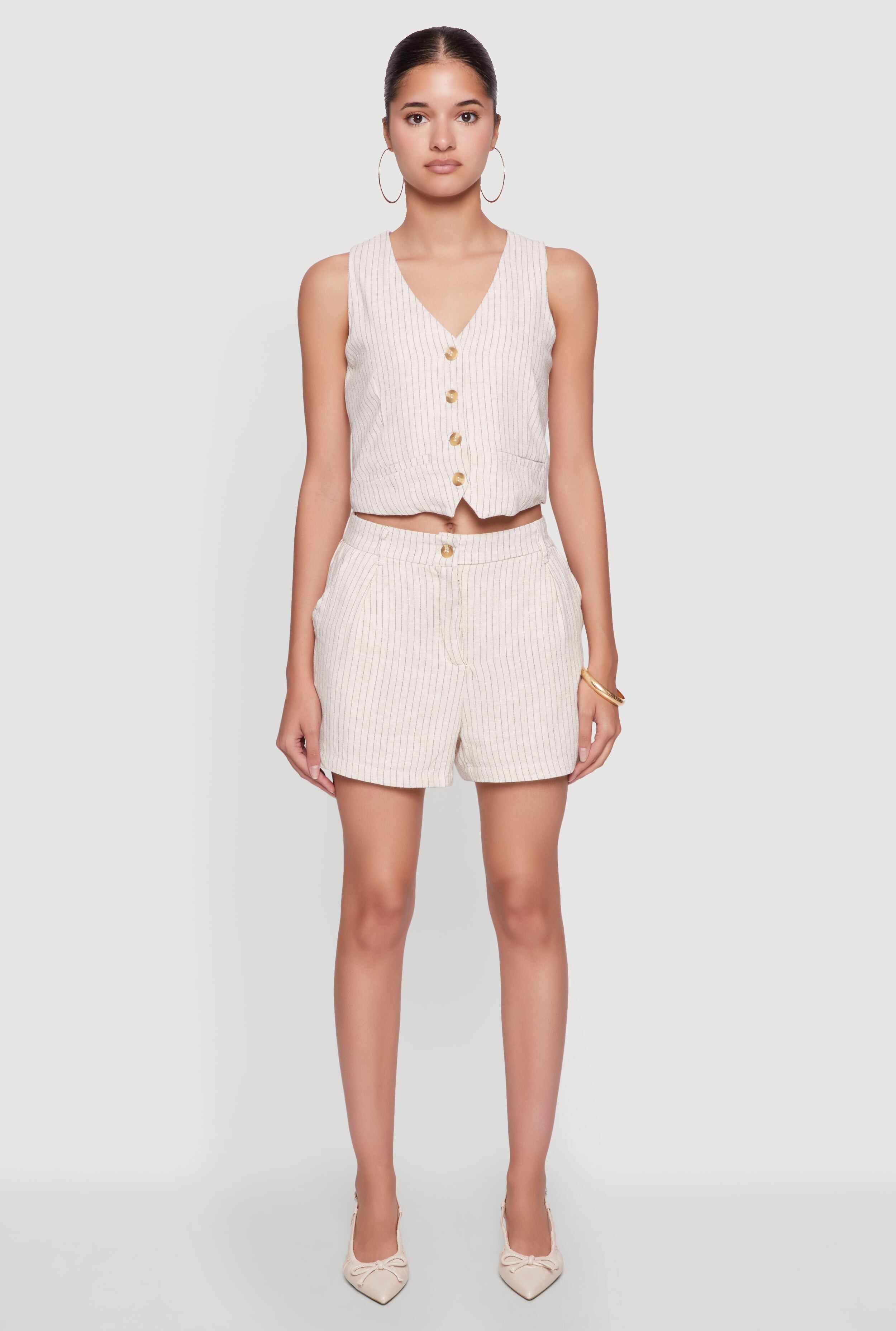 Chic Linen Pinstripe Button Front Cropped Blazer Vest