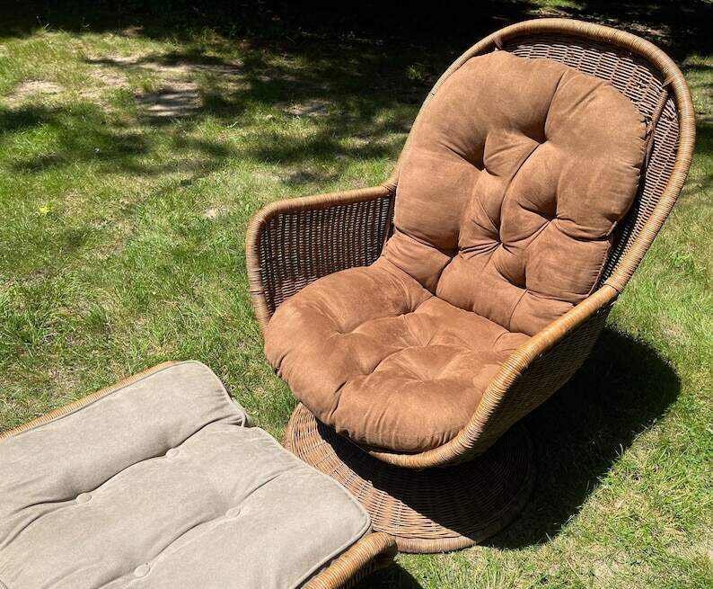 Rattan Egg Chair & Ottoman Swivels Tilts Tufted Cushions Boho Chic Mid Century Modern *Shipping is NOT included. Ask for a quote.*
