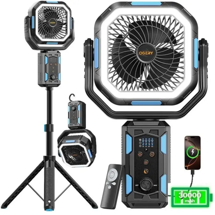 4 in 1 Cordless Camping Fan, 30000mAh Rechargeable Fan with Detachable Tripod, LED Lights & 270° Pivot, Remote Control Oscillating Portable Fan for Tent Travel Bedroom