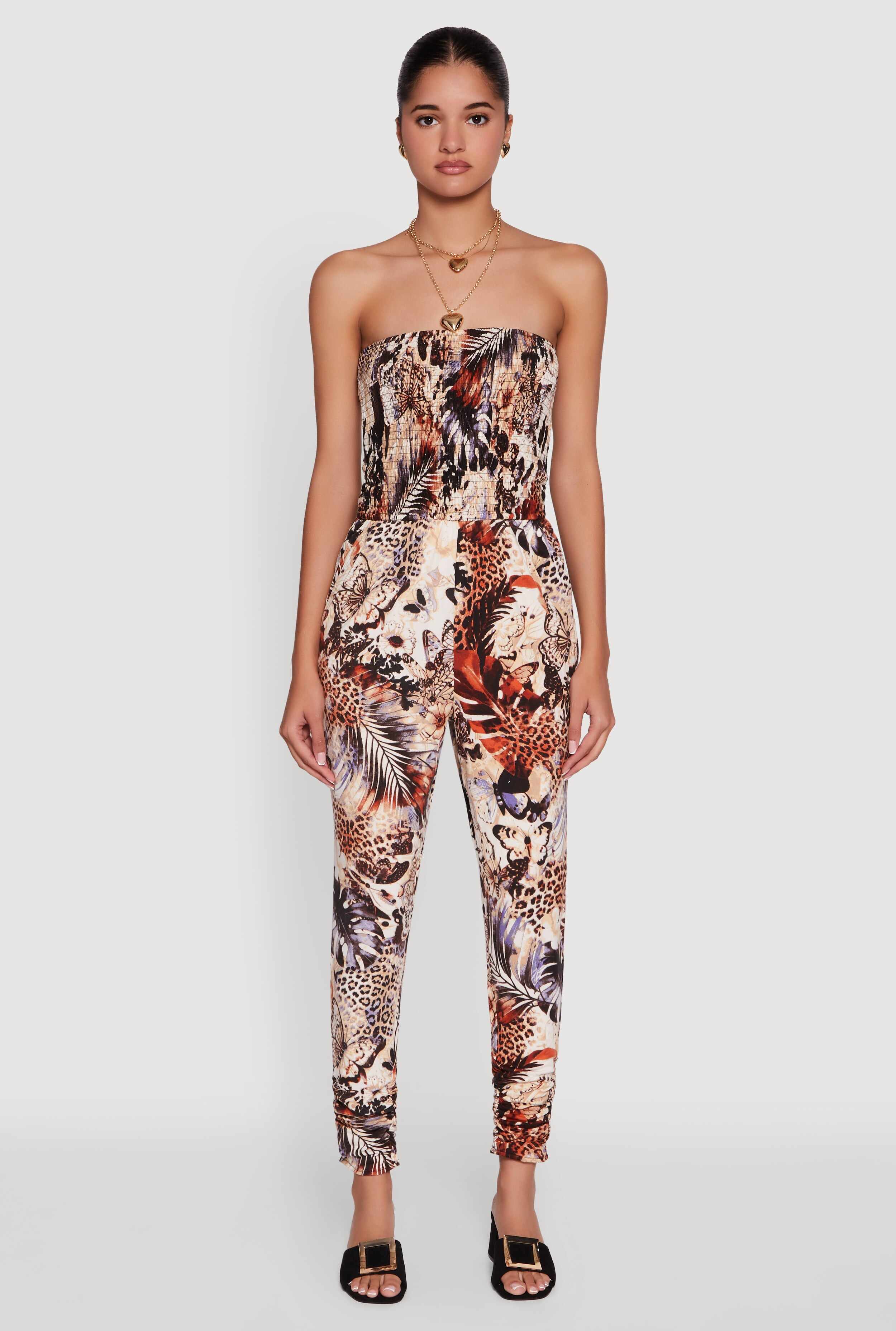 Strapless Animal Leaf Print Smocked Jumpsuit