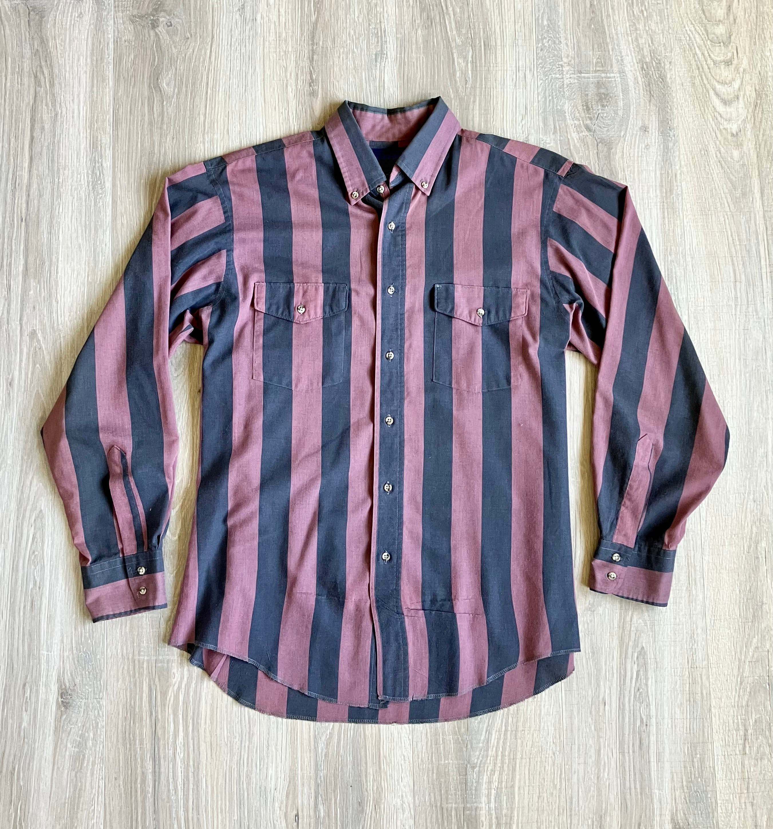 Men's Fashion Western Dark Blue Pink Striped Long Sleeve Shirt