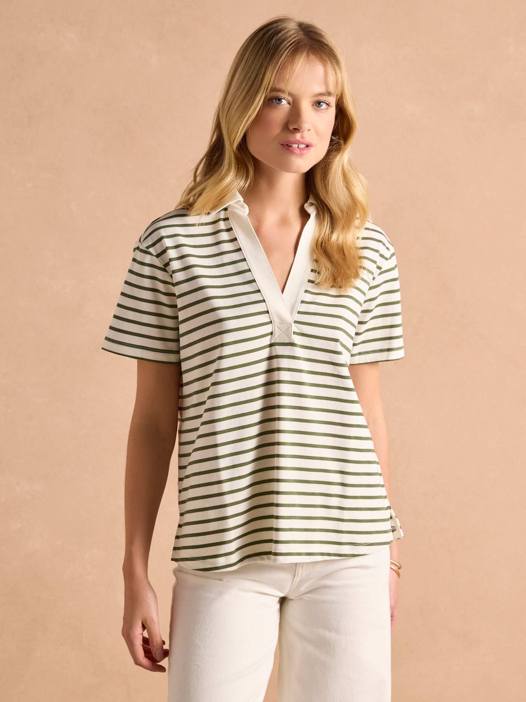 Tallie Pink/White Short Sleeve Combed 100% Cotton Collared Top