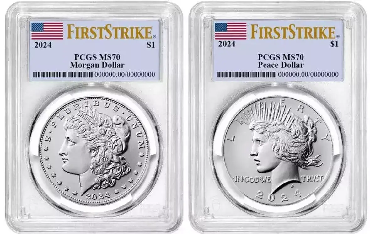 2024 Morgan & Peace Silver Dollar PCGS MS70 FS, 2 Coin set