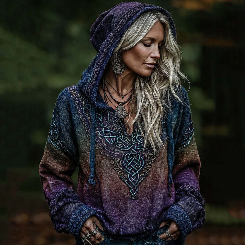 Women's Viking Celtic Knot Art Knitted Warm Hooded Sweater