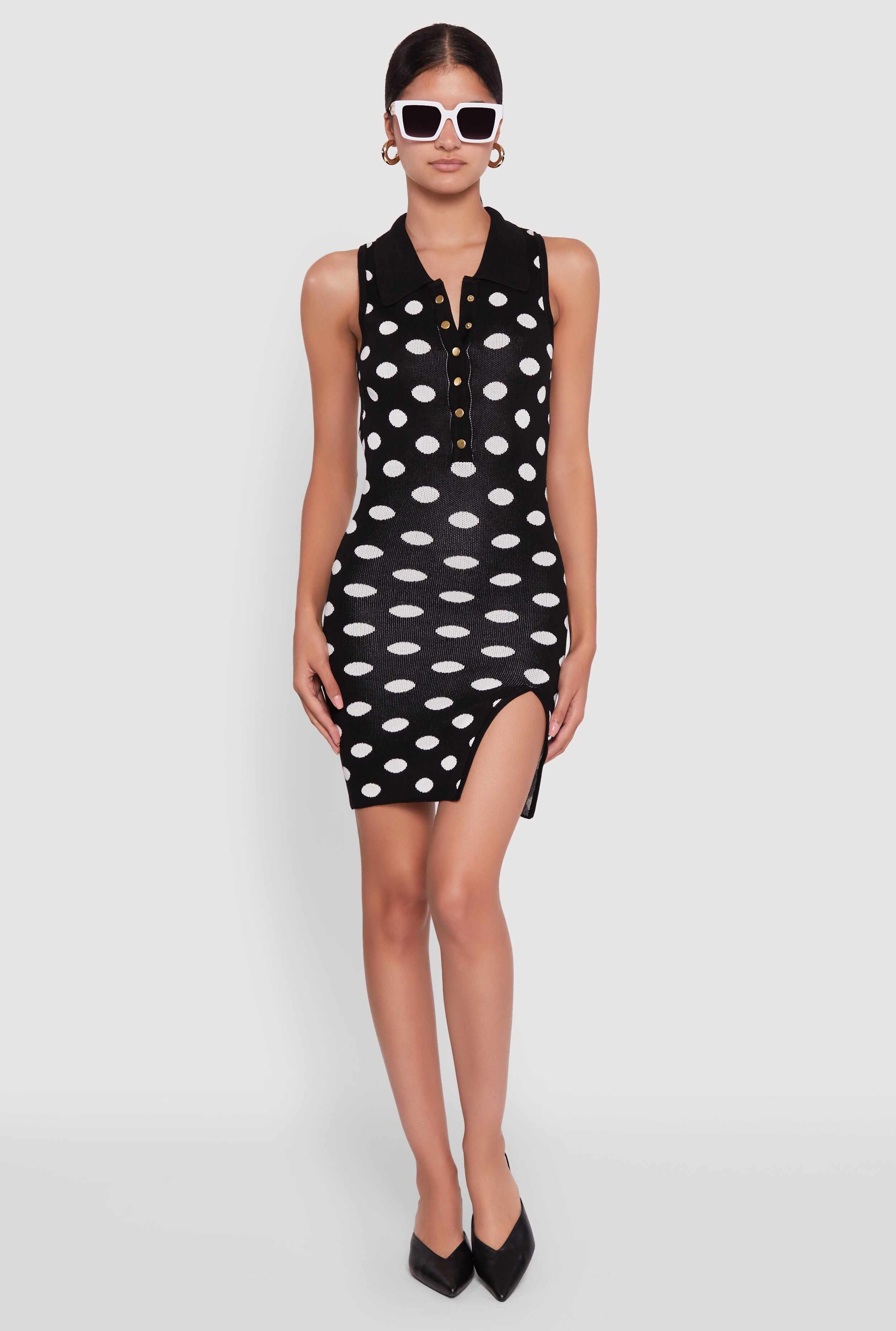 Polka Dot Sleeveless Polo Collar Mini Dress