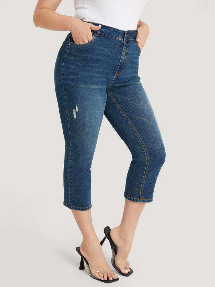 Very Stretchy High Rise Medium Wash Ripped Detail Cropped Jeans