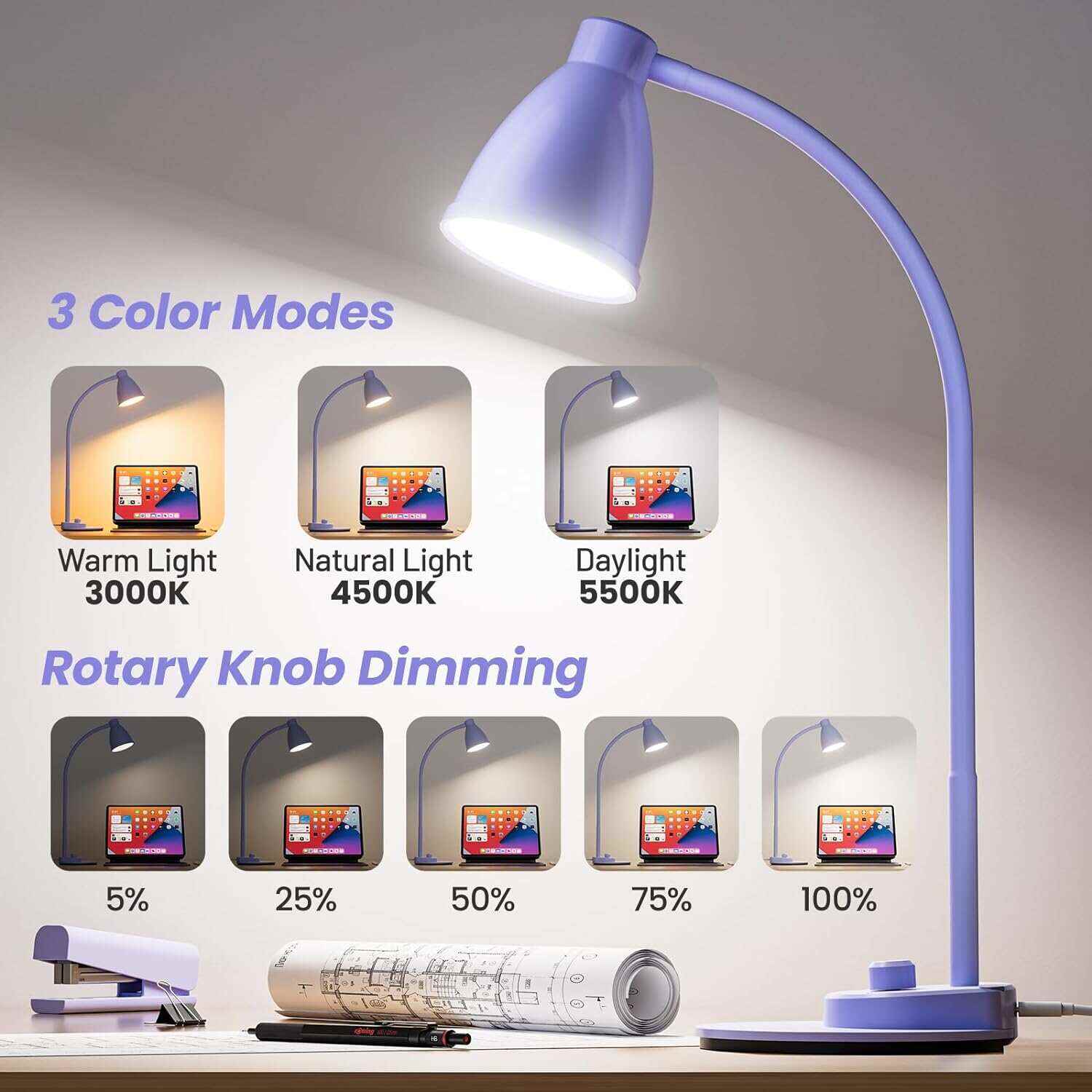 BOHON LED Desk Lamp with USB Charging Port 3 Color Modes Dimmable Reading Light Intelligent Induction Auto Dimming Task Lamp Flexible Gooseneck Table Lamp for Bedside Office, AC Adapter Include