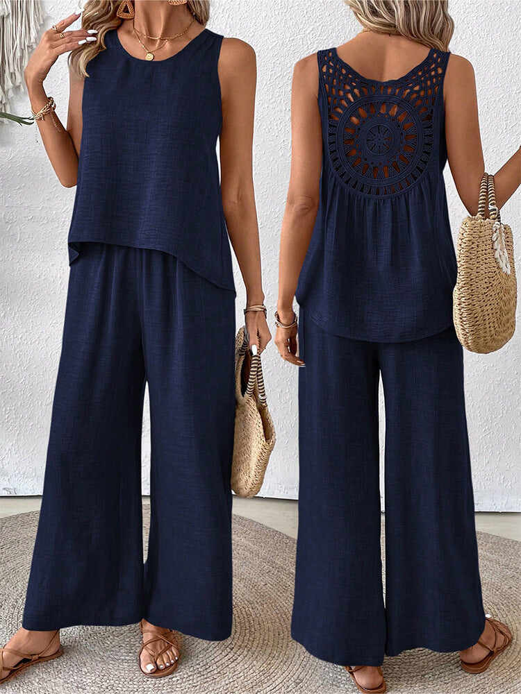 🔥Summer Arrivals🌟Women's Hollow Lace Two-piece Set: Casual Vest And Wide-leg Pants