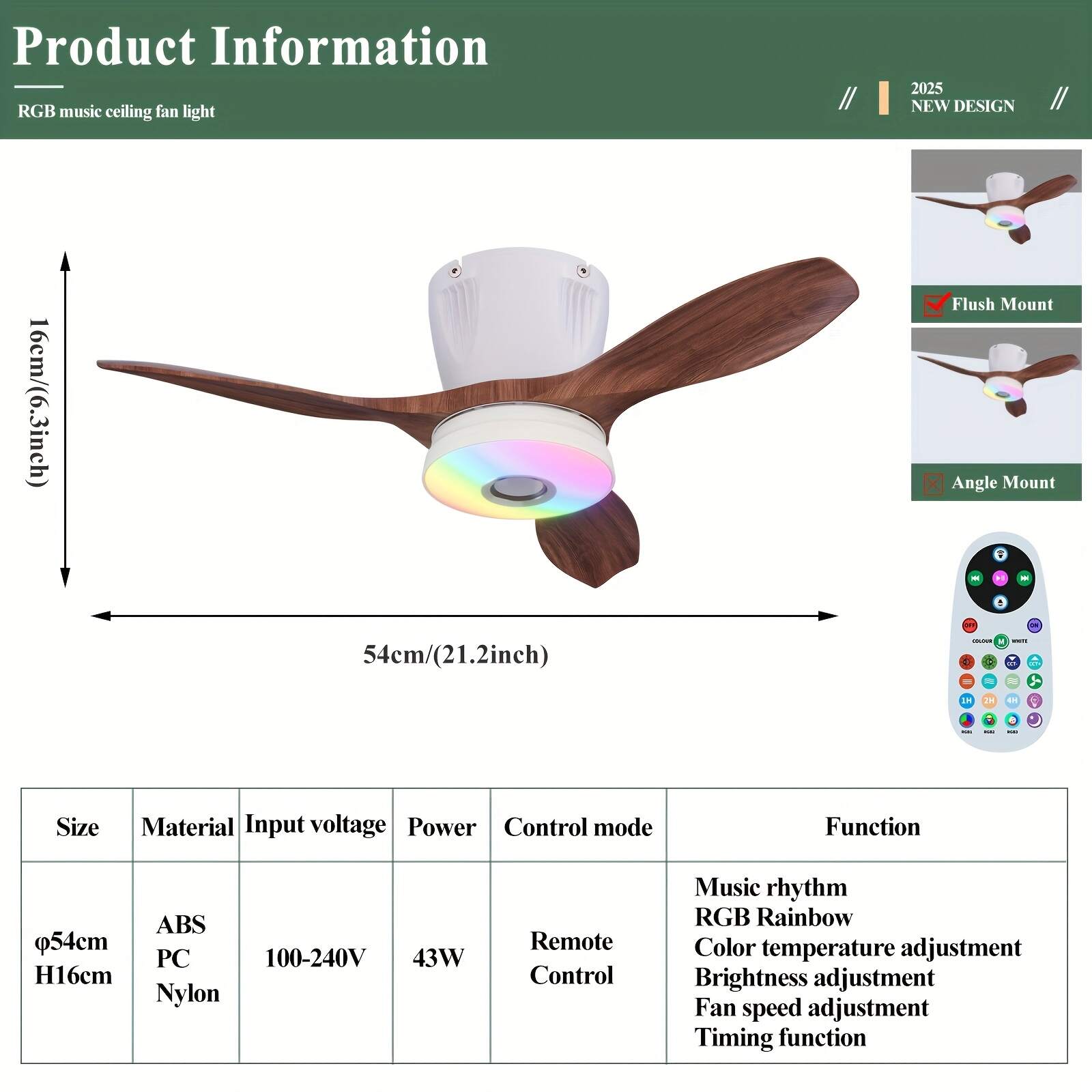 Smart RGB Rainbow Music Rhythm Speaker LED Fan with Light, 3-speed Socket Fan Light, Remote Control Timing, 3 Colors 3000-6500k Dimmable, Suitable for Home, Office, Restaurant, Party