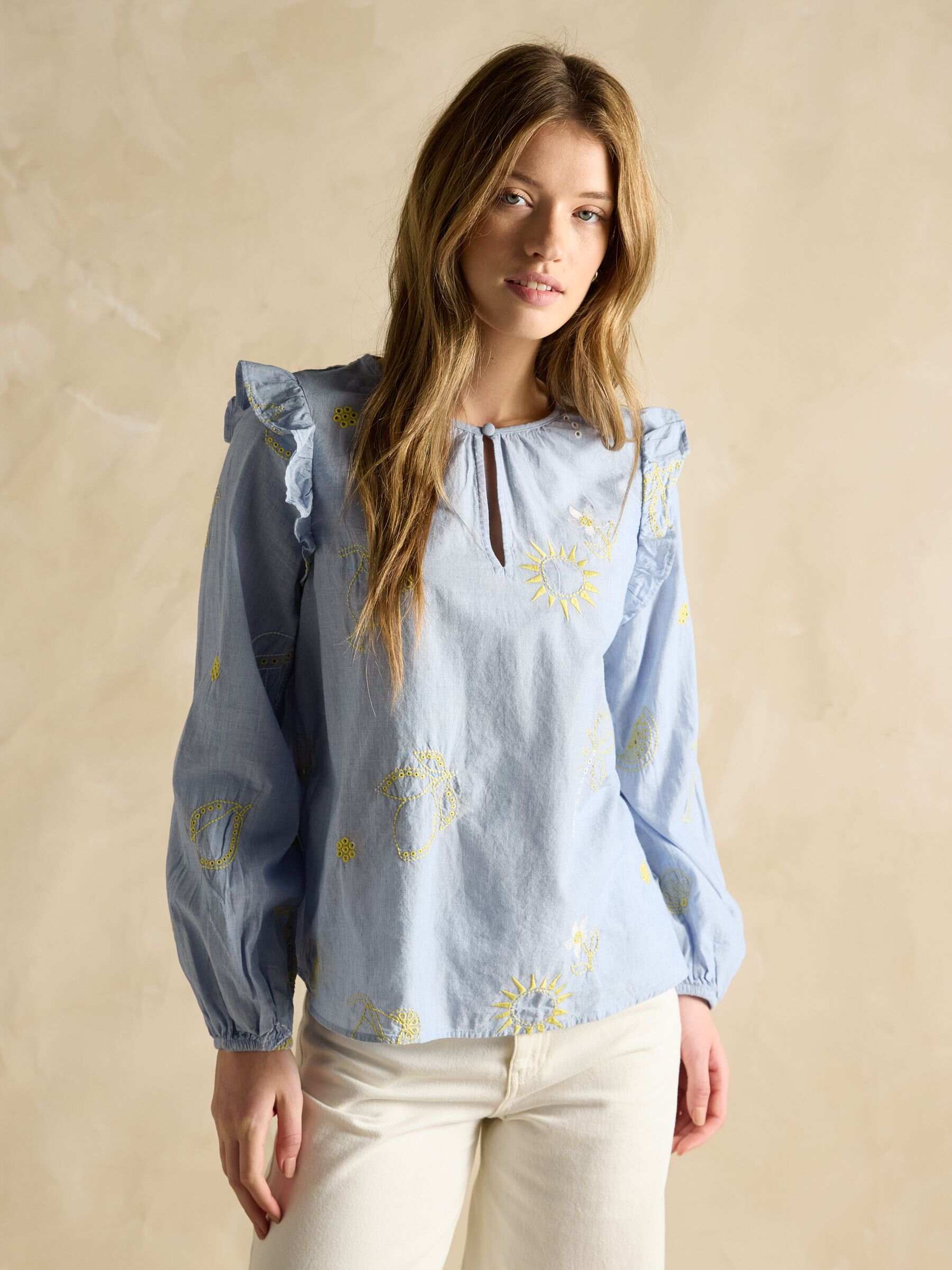 Soraya Blue & Yellow Embroidered Chambray Blouse