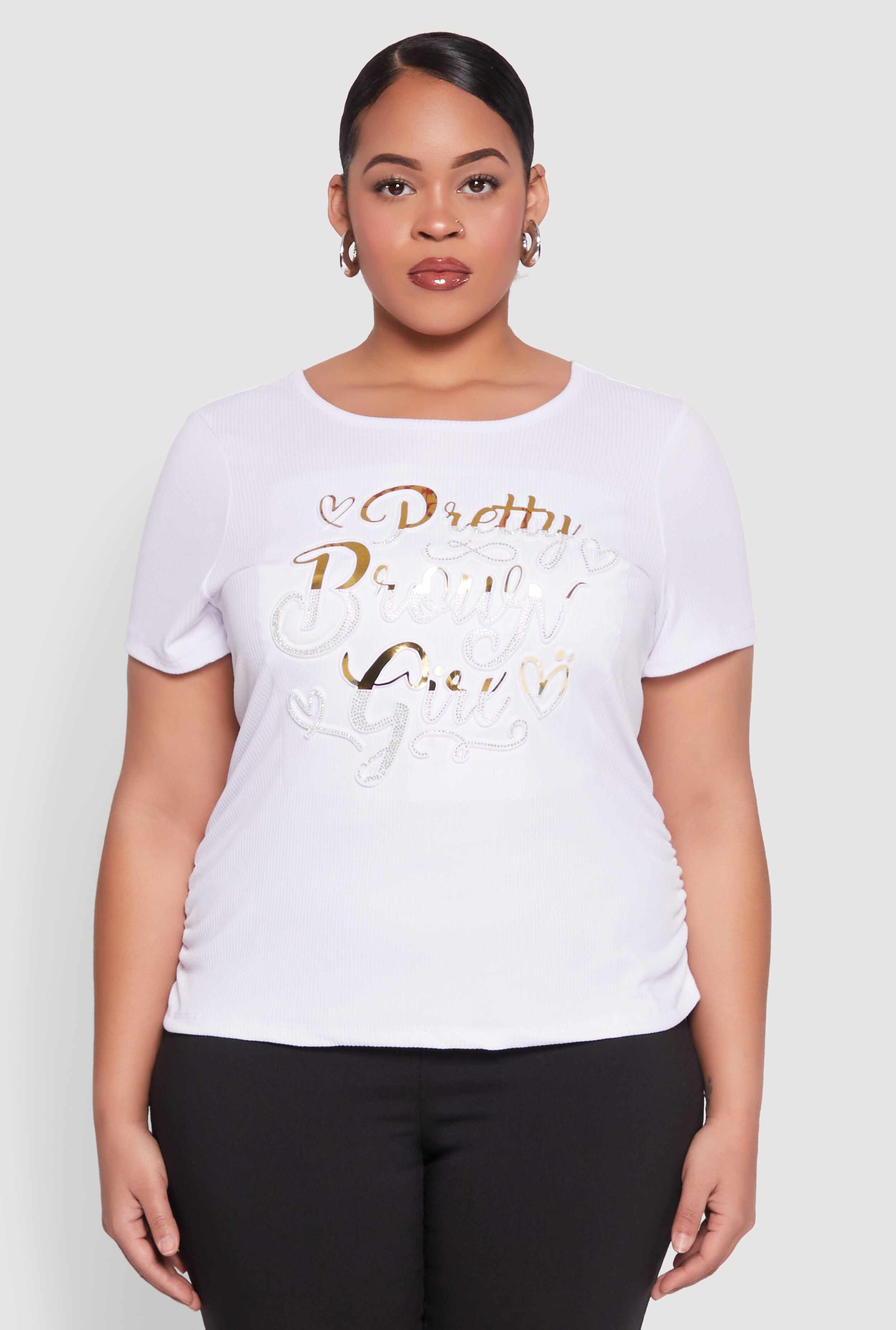 Plus Size 3D Pretty Brown Girl Foil Graphic Tee