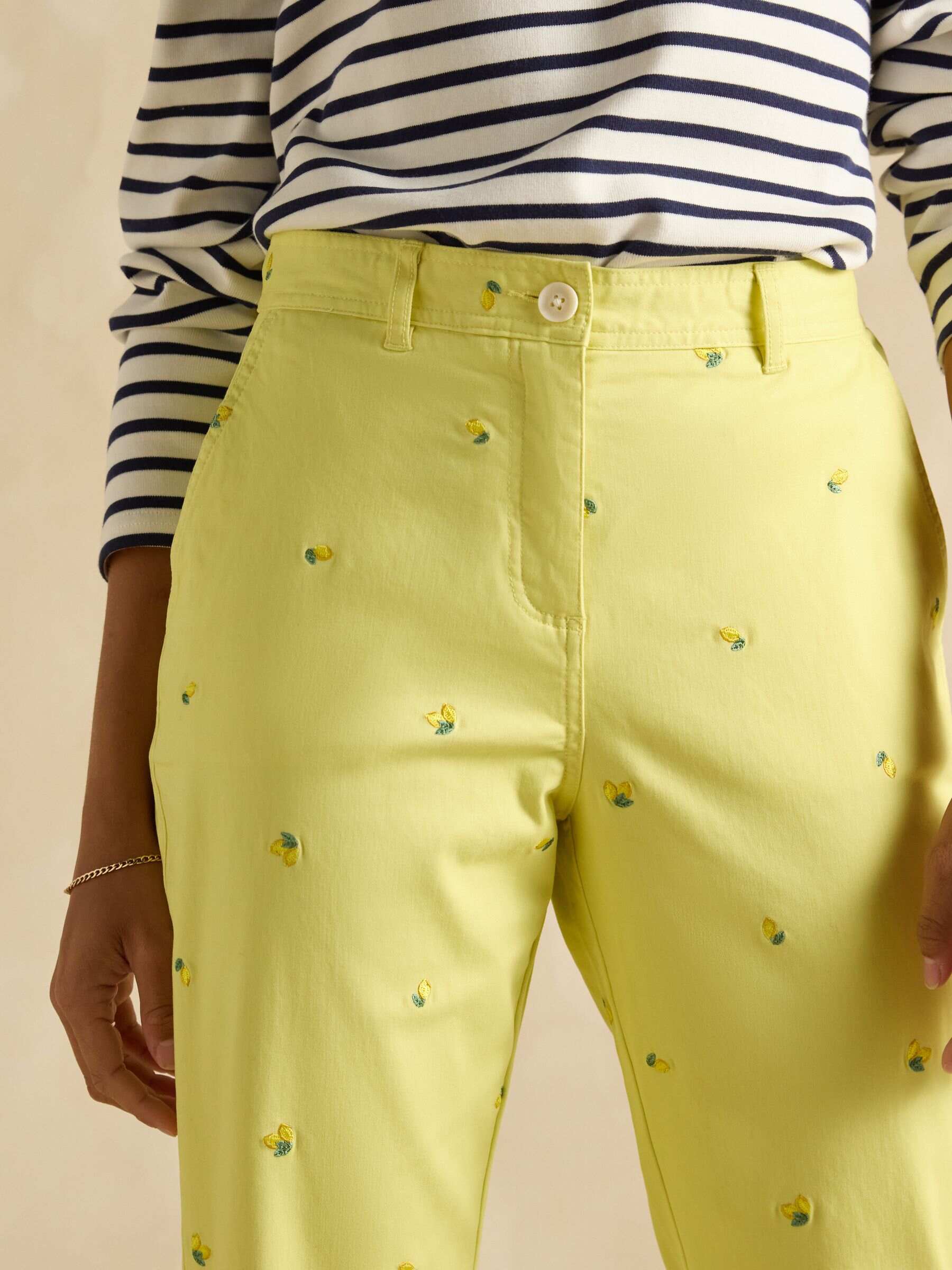 Slim Fit Yellow Lemon Embroidered Chino Trousers
