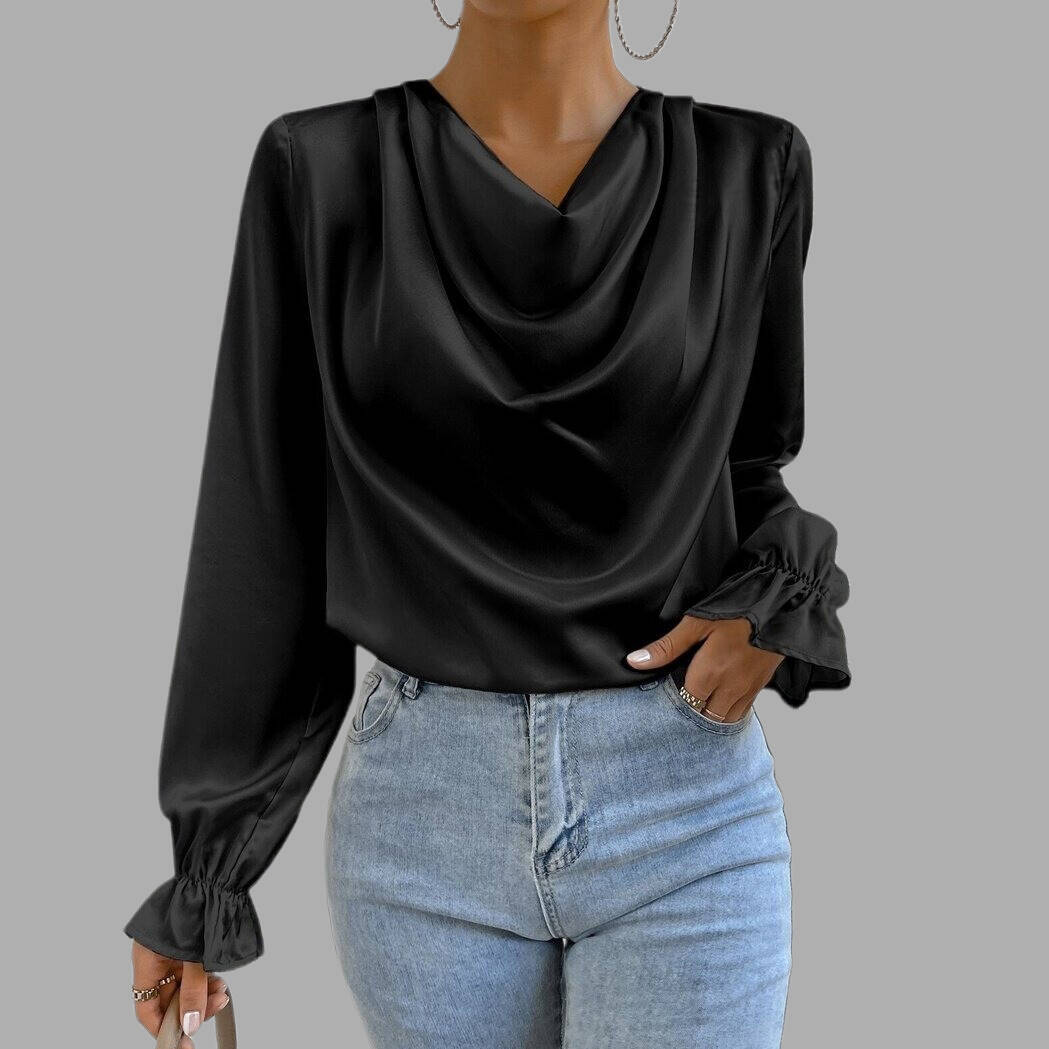 Women's Elegant Cowl Neck Long Sleeve Ruffled Cuffs Satin Blouse