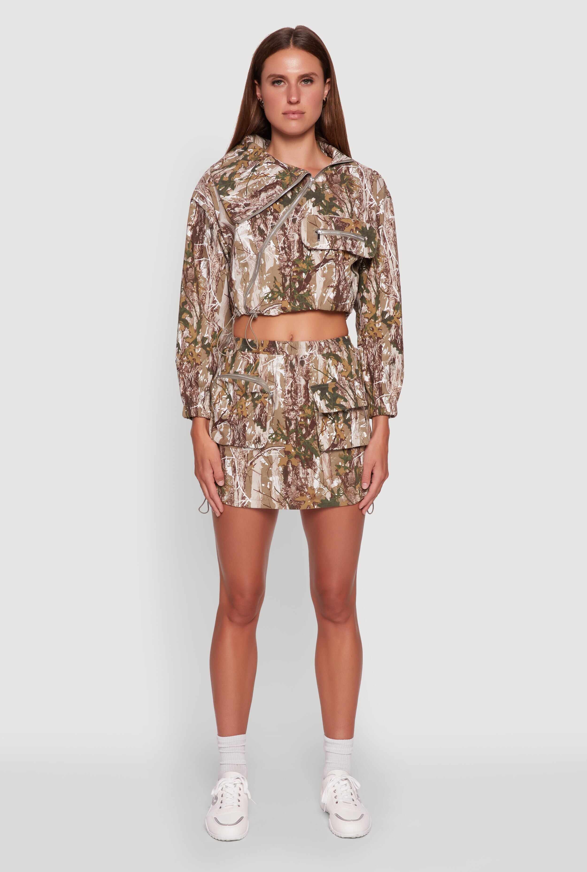 Hunter Camo Drawstring Hem Zip Neck Cropped Jacket