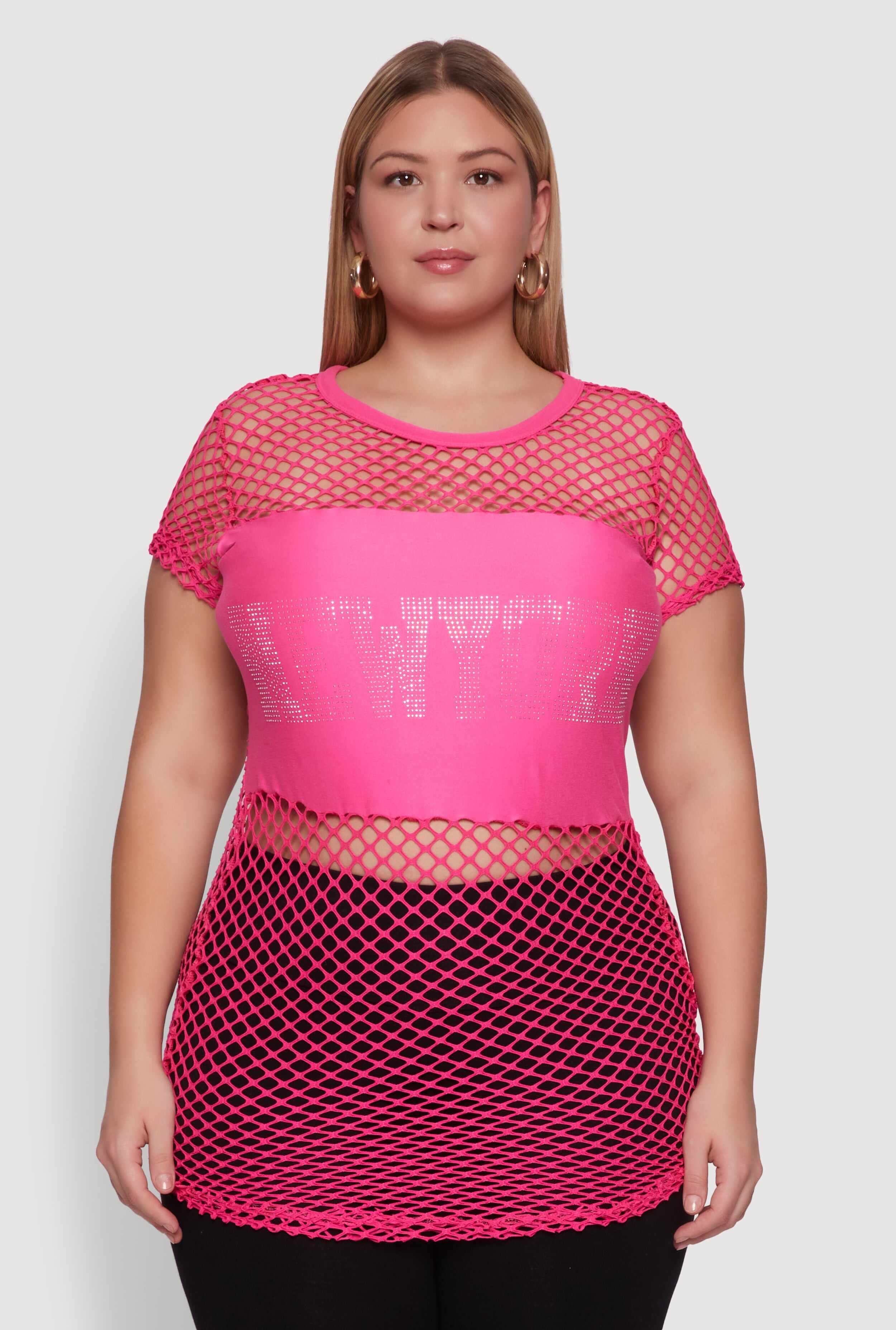 Plus Size New York Rhinestones Fishnet Tunic Top