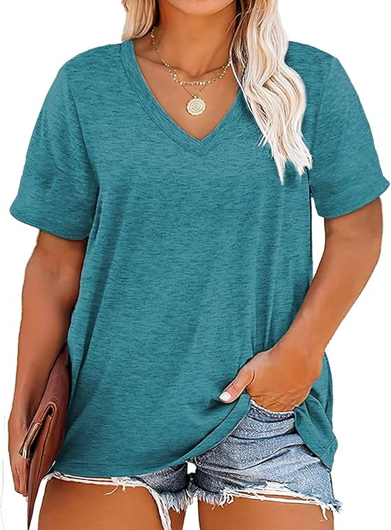 🔥Plus size v neck t shirt women short sleeve tops casual summer