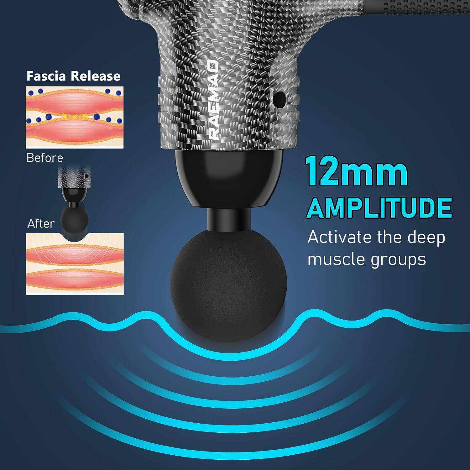 RAEMAO Massage Gun Deep Tissue, Back Massage Gun for Athletes for Pain Relief Attaching 8 PCS Specialized Replacement Heads, Percussion Massager with 10 Speeds & LED Screen, Carbon