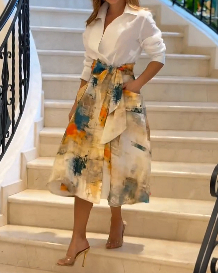 Two-piece Set with Lapel Long-sleeved Top and Tie-strap Printed Skirt