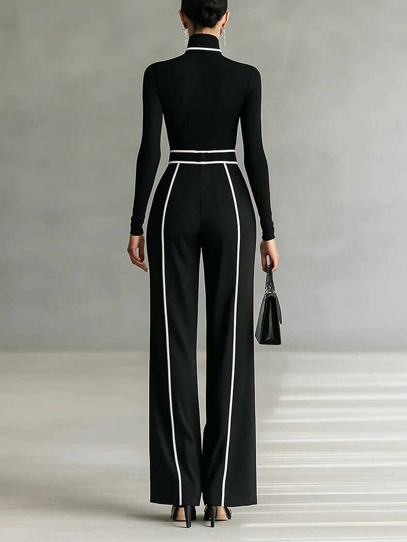 White Trim High-neck Long-sleeved Top With Wide-leg Pants and Belt Set