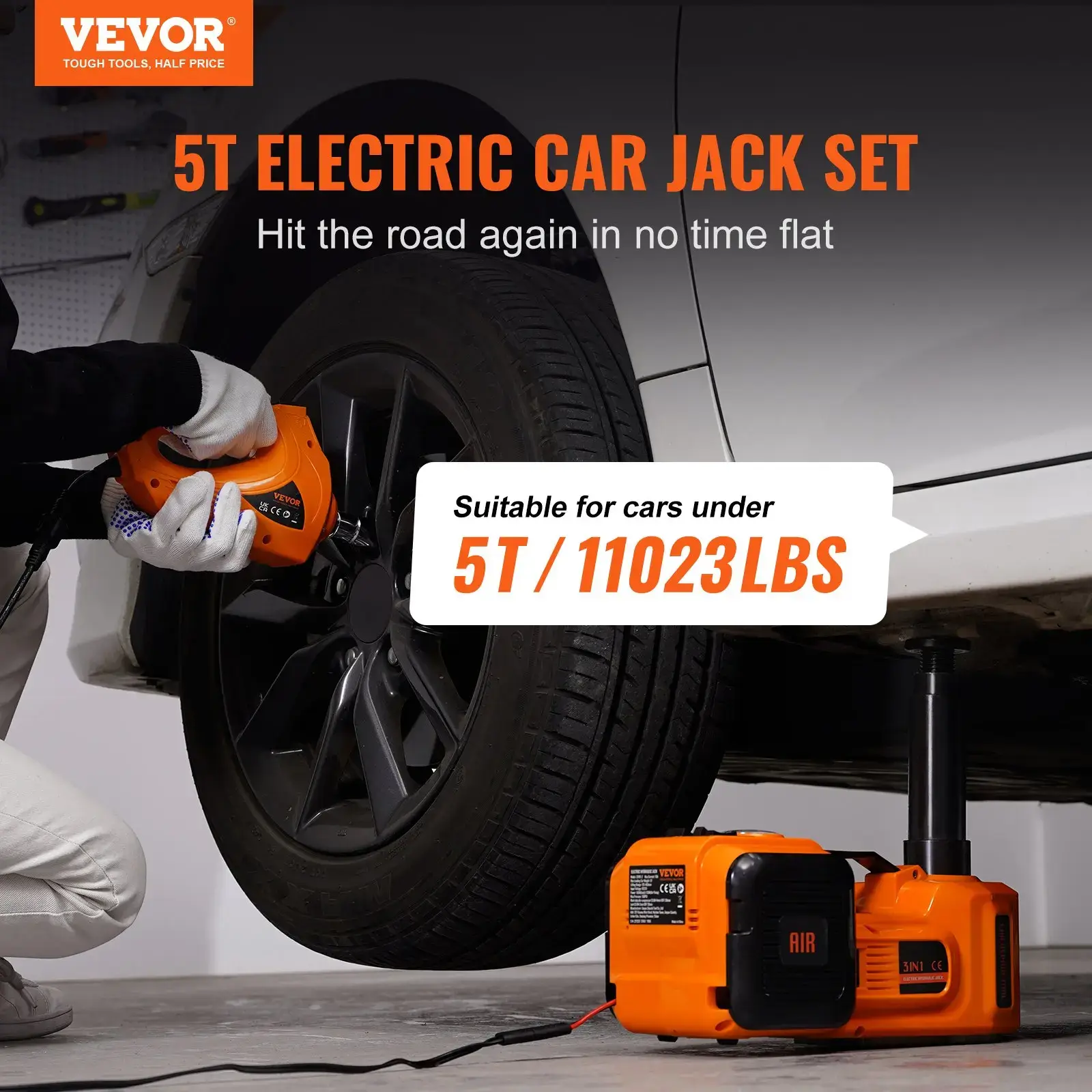 5 Ton Electric Hydraulic Car Jack Kit, Portable Auto Lift with Impact Wrench, Built-in Tire Inflator & LED Light, Tire Change Tool for Sedan SUV MPV Truck Garage & Roadside Repair