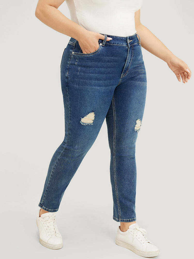 Straight Leg Very Stretchy High Rise Medium Wash Jeans