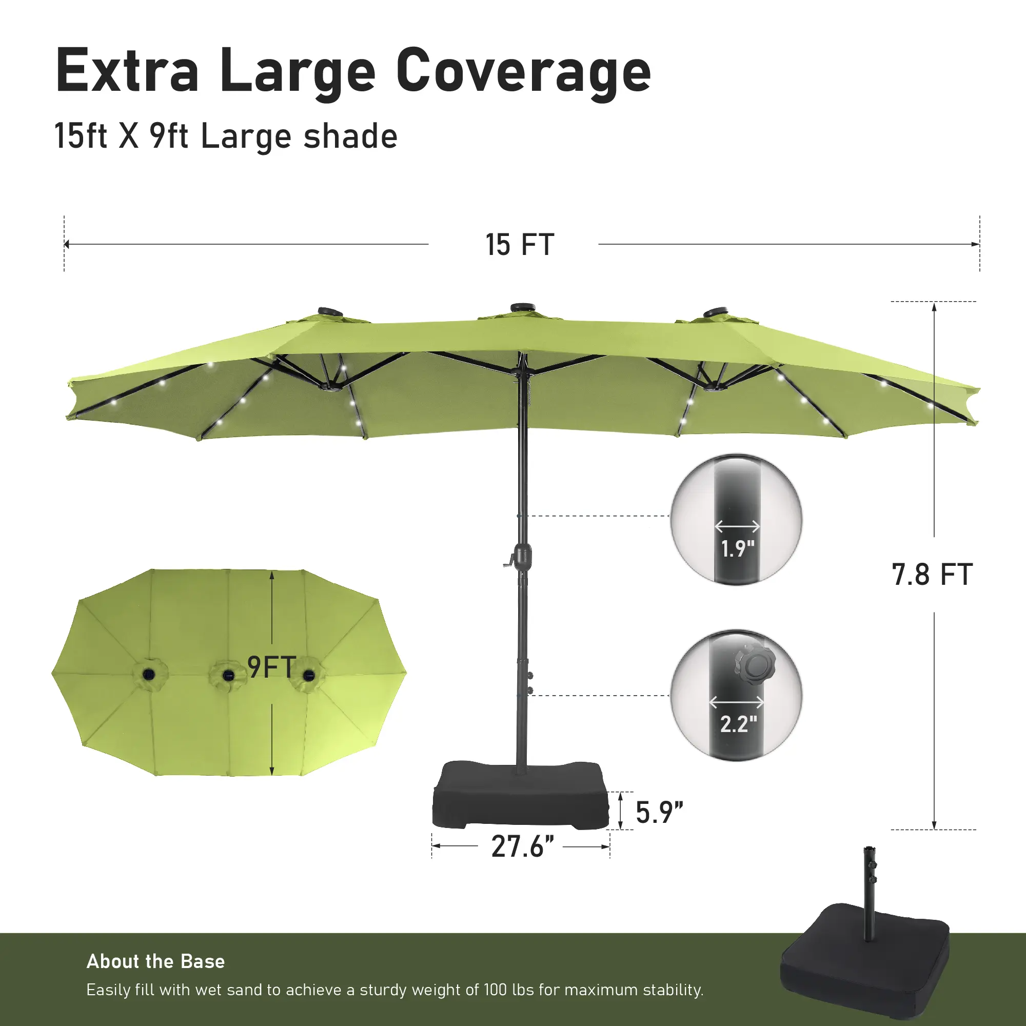 15ft Large Outdoor Patio Umbrella with Base – LED Light Option, Double-Sided, Crank Handle, Waterproof，Comes with Weighted Base and Sandbag, Accommodates 10 People, Great for Poolside, Garden, Lawn, Backyard, Deck and Beach