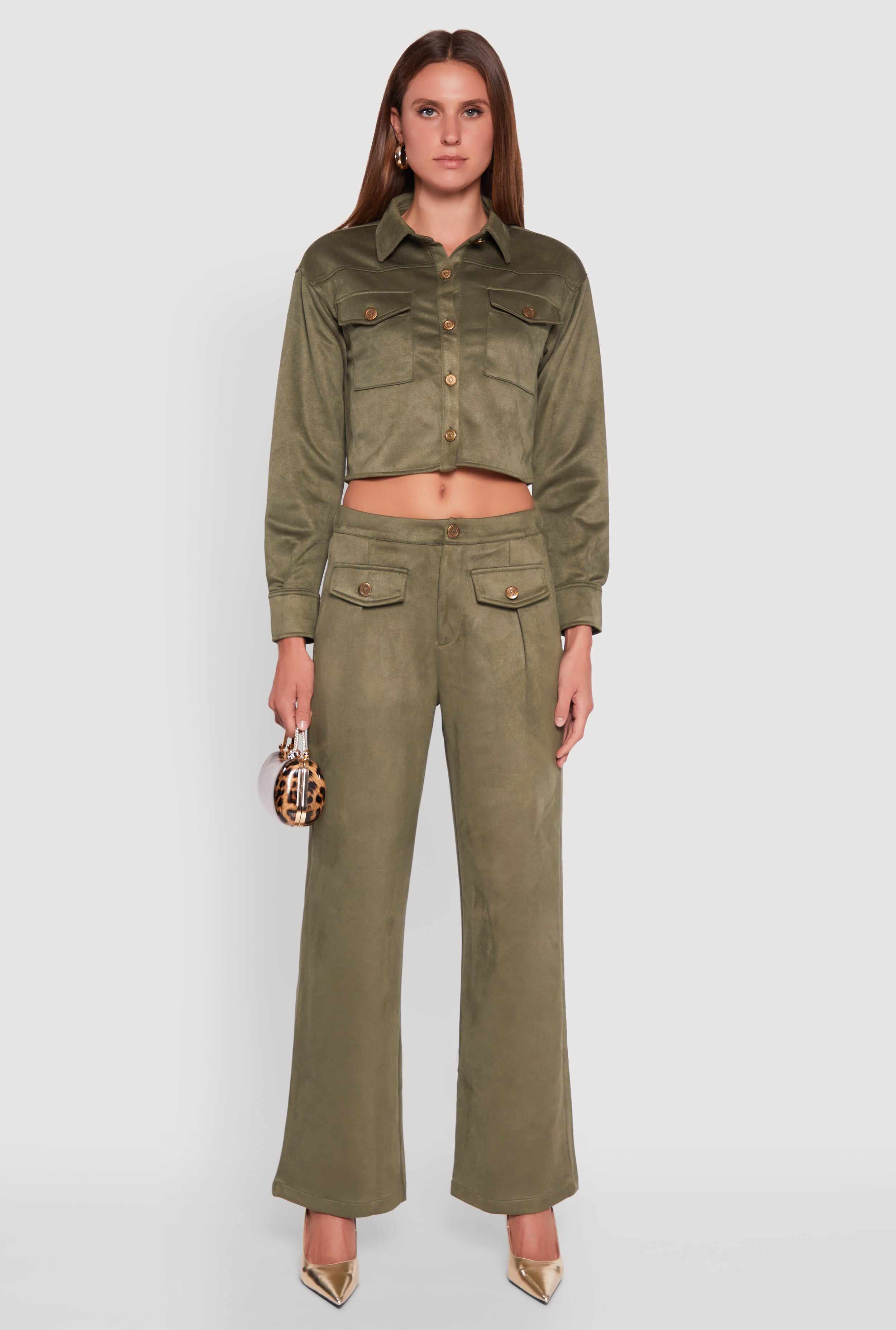 Faux Suede Button Front Cropped Shirt