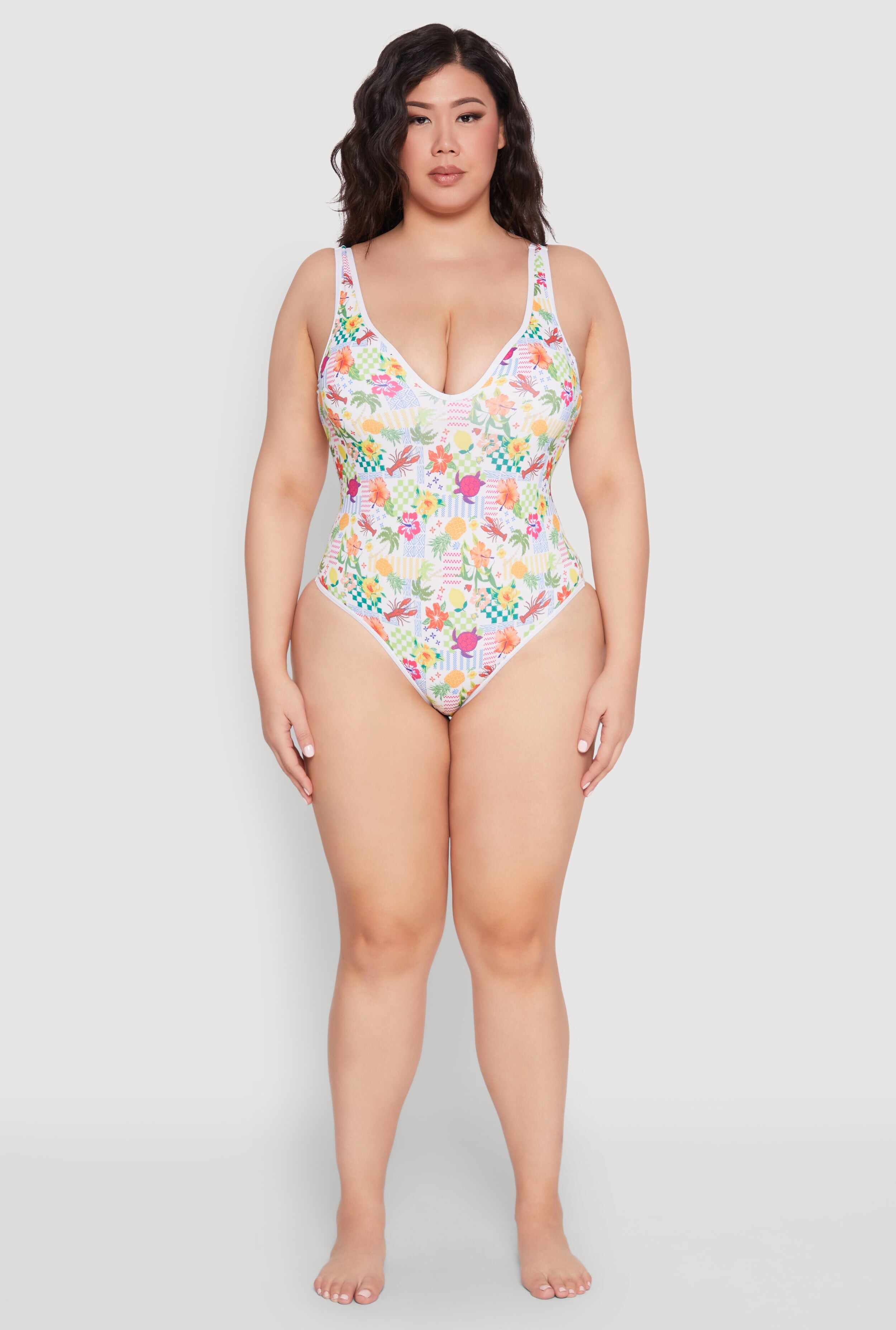 Plus Size Turtle Tropical Floral Print One Piece Swimsuit