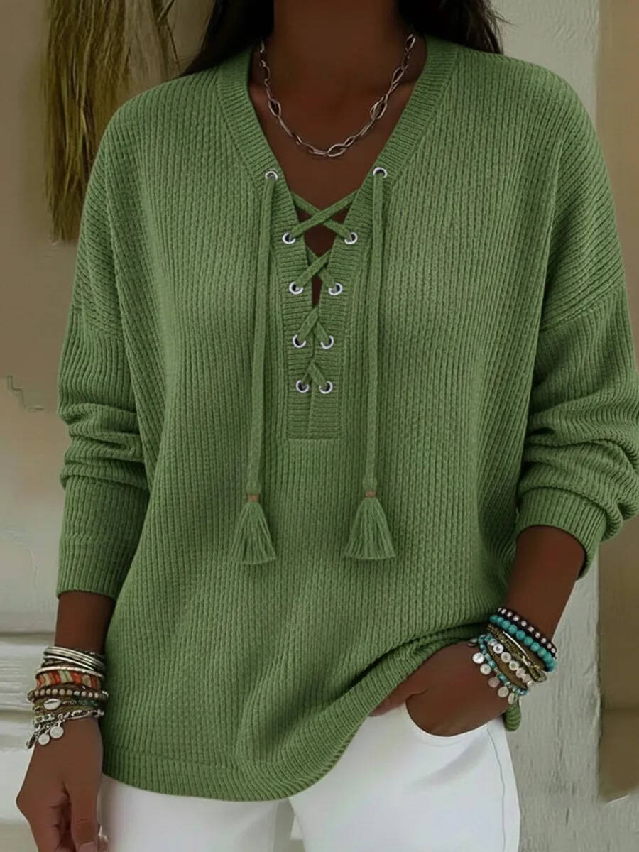 🔥Summer Arrivals🌟Boho Style Casual V-neck Drawstring Tassel Pullover