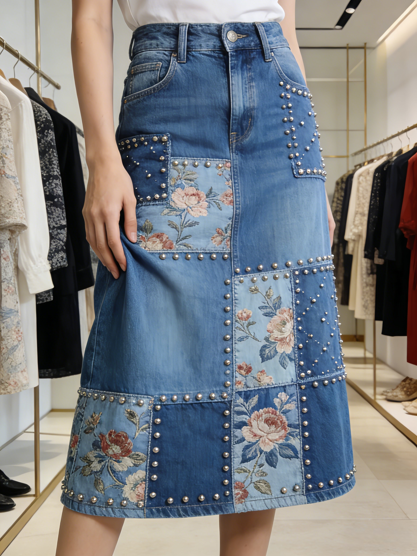Stylish Blue Floral Patchwork High Waist Nail Bead Denim Skirt