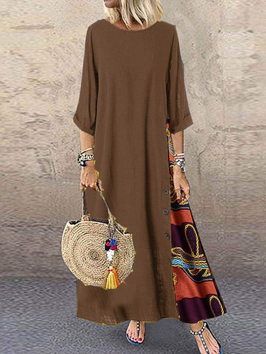 🔥Summer Arrivals🌟Women's Retro Floral Contrast Button Patchwork Cotton And Linen Casual Dress
