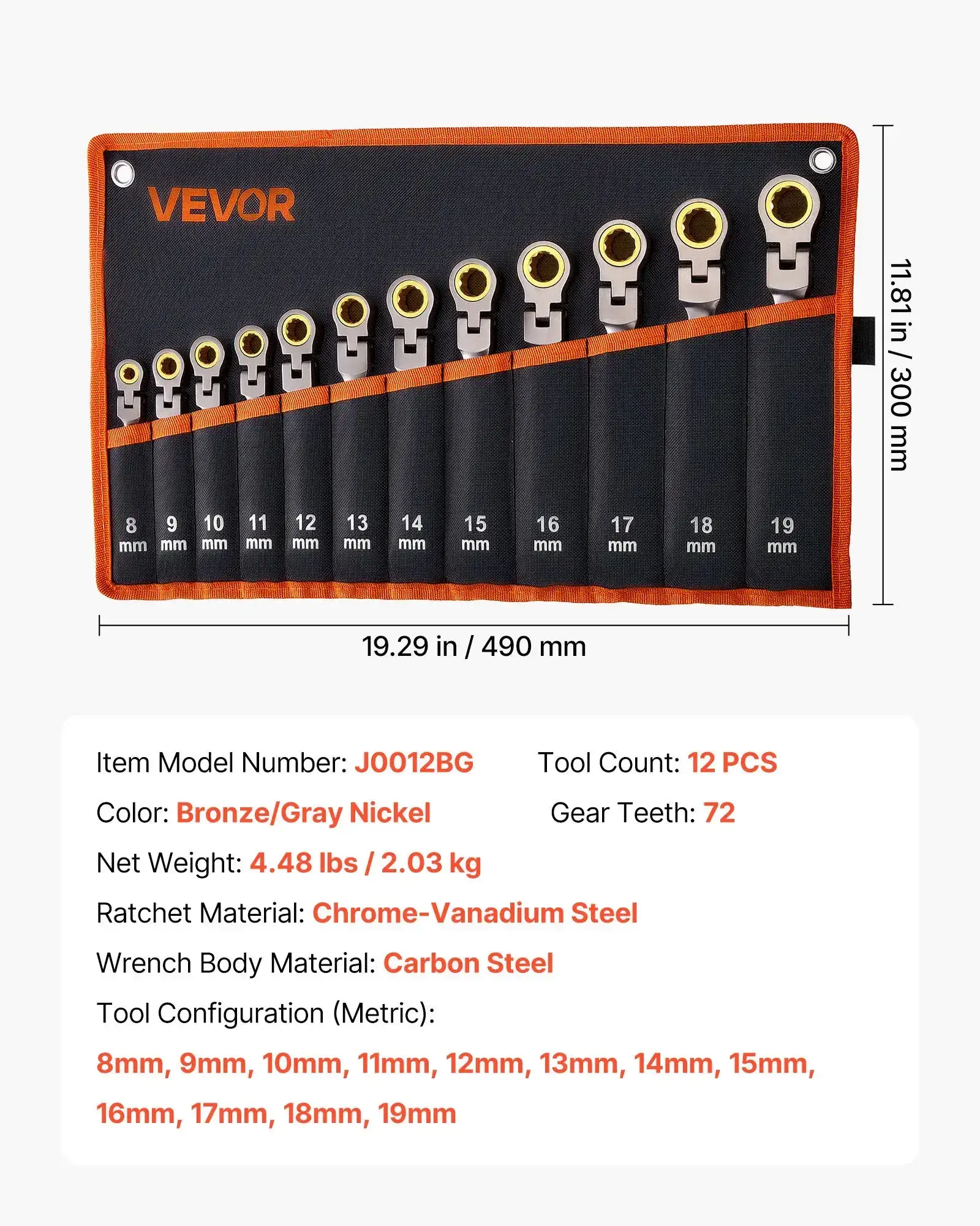 12-Piece Multifunctional Flex-Head Ratcheting Wrench Set, Metric 8 mm-19 mm, 72 Teeth Cr-V Steel Flexible Combination Wrench Set, Car & Automotive Tools with Roll Up Pouch, for Household & Automotive Repairs, Multifunctional Wrench Set