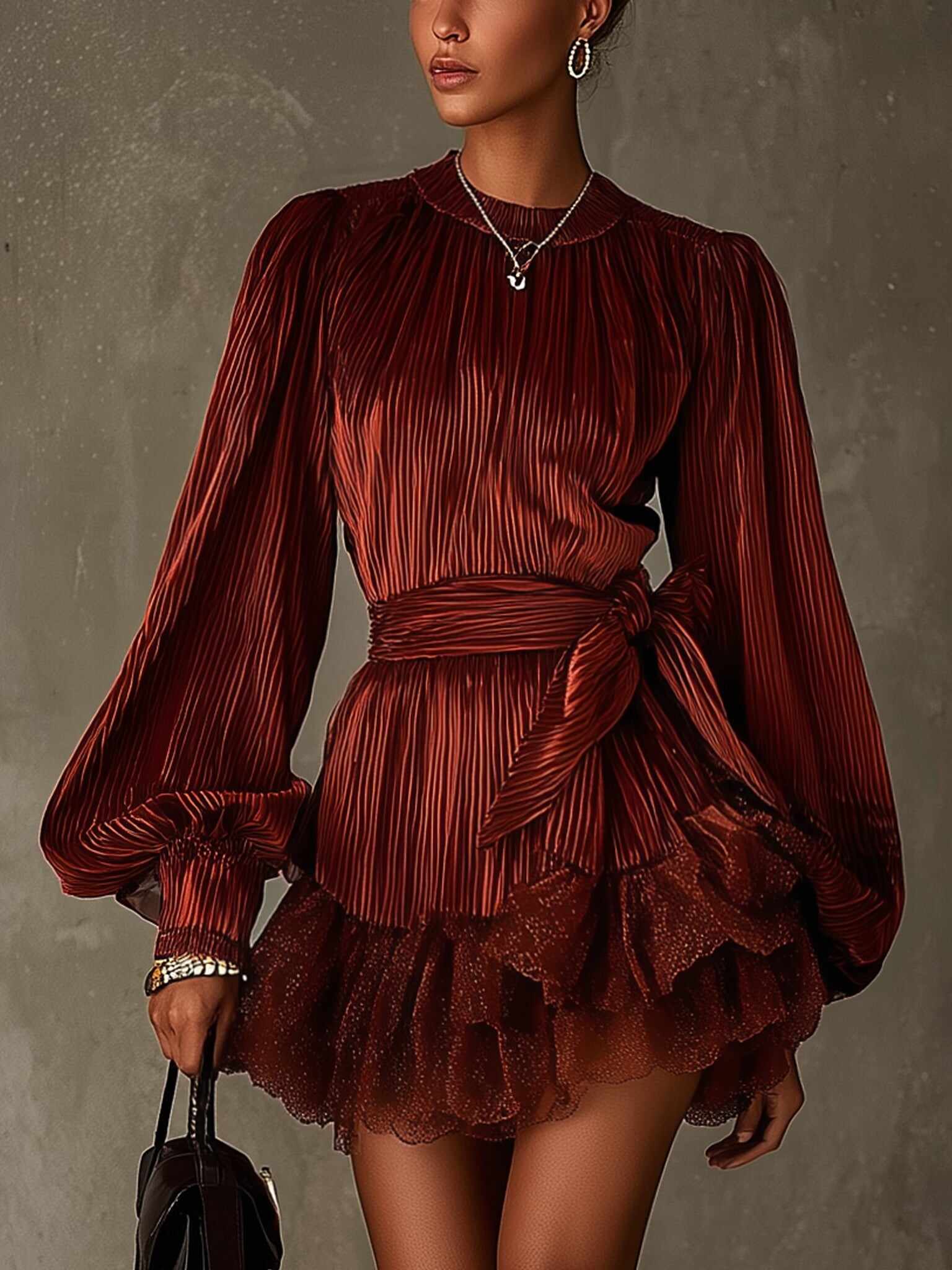 Burgundy Corduroy Lace Ruffle Hem Mini Dress