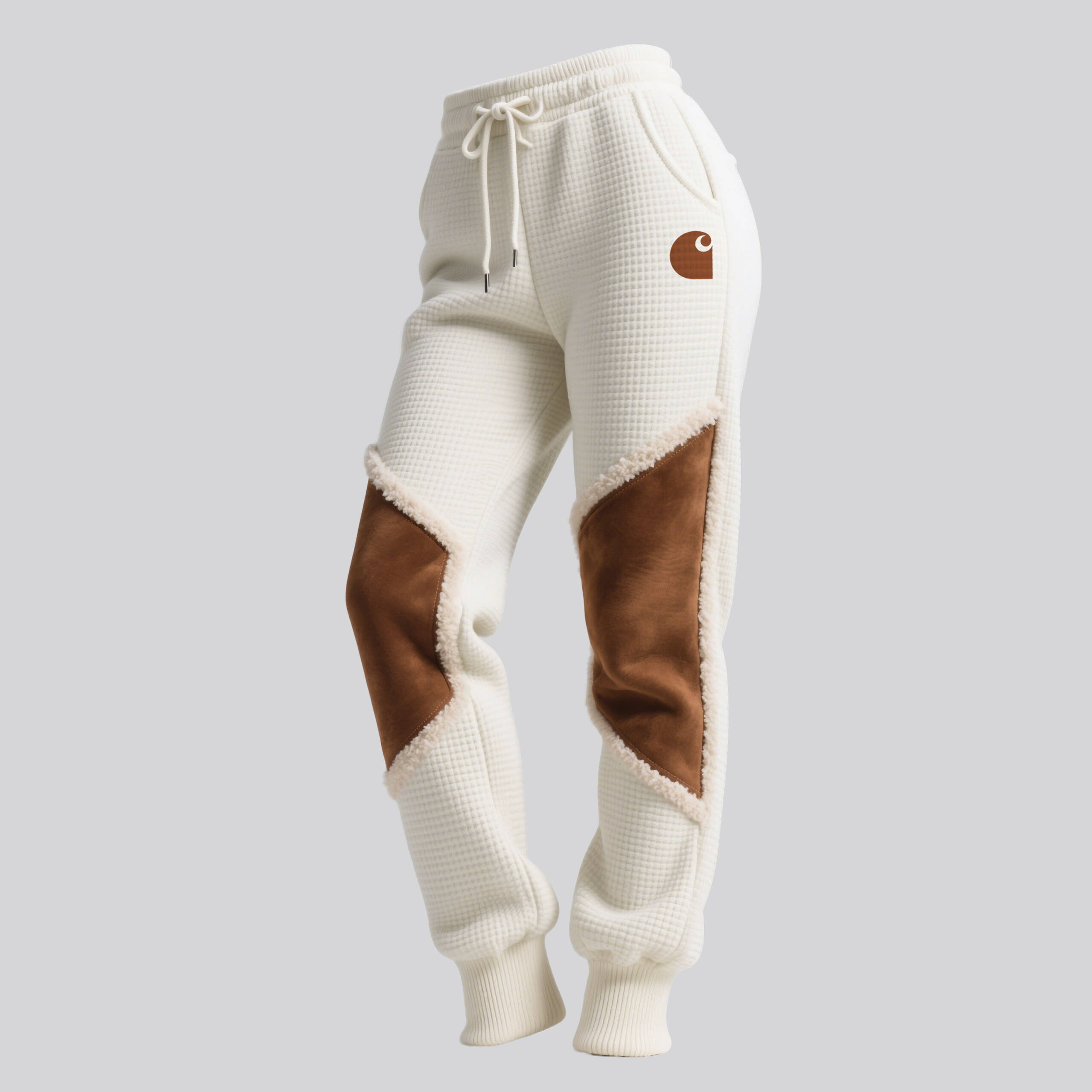 Women's Retro Western Waffle Contrast Suede Track Pants-Off-white